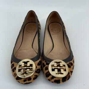 Tory Burch Reva calf skin leather leopard print slip on ballet flat shoes sz 6.5